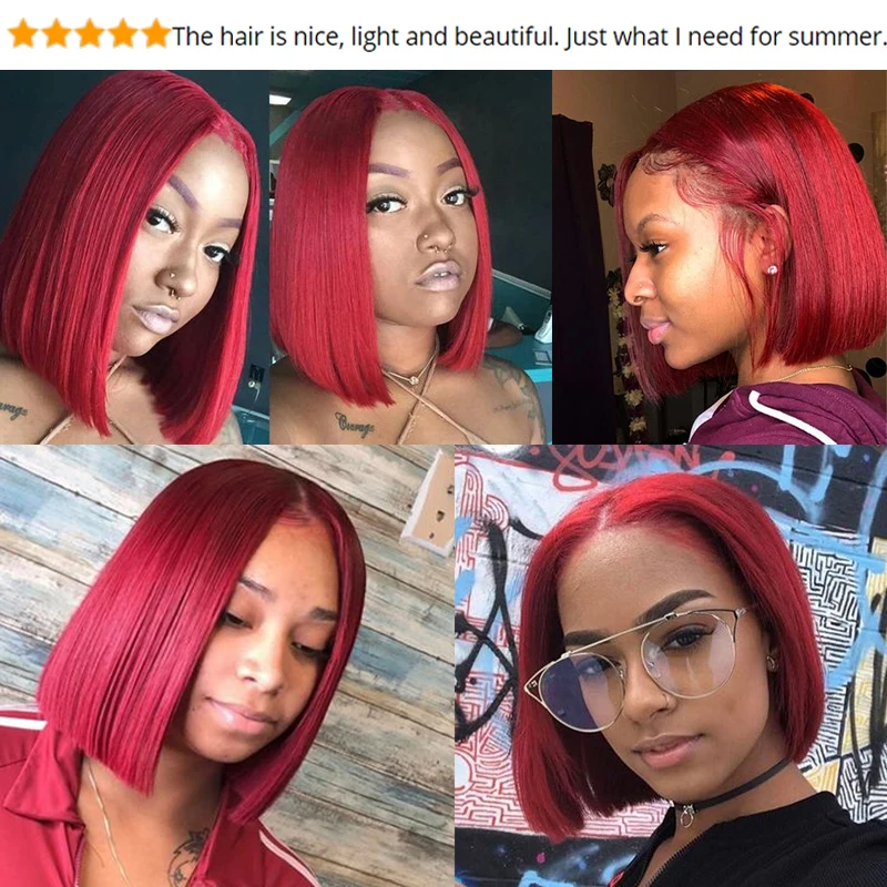 HTB18HbnXMaH3KVjSZFpq6zhKpXak Brazilian Straight Hair Remy Red Bob Wigs Burgundy 13X4 Lace Front Wig With Baby Hair Pre Plucked Short Human Hair Wigs Remyblue