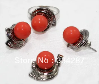 

Fine Jewelry Coral colour 10MM beads sea shell pearl earring pendant ring set