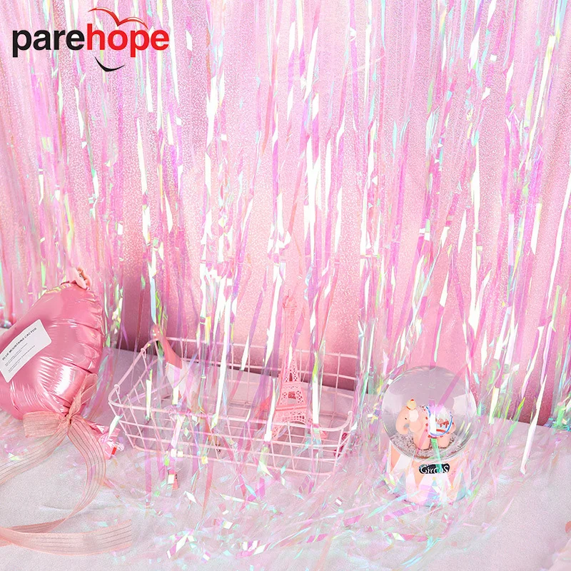 

2M Rainbow Wedding Backdrop Transparent Tinsel Foil Fringe Curtain Girl Adult Birthday Party Backdrop Sweet 16 Party Decorations