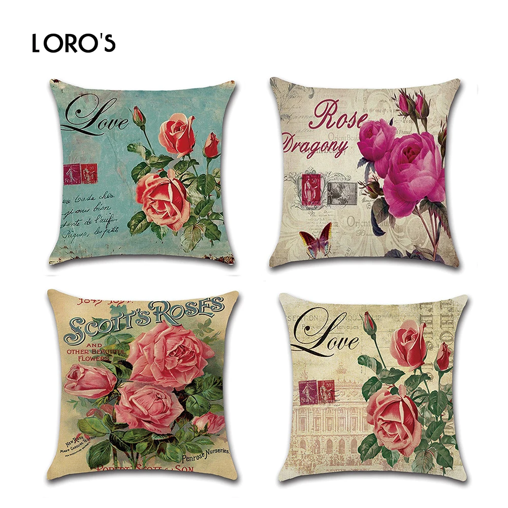 Pillows Case Cover Cotton Linen Cushion Cases Woven Retro Vintage Rose Flowers PillowCases