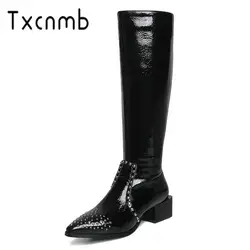 TXCNMB/модные сапоги; женские сапоги до колена; ботинки «Челси» на квадратном каблуке; Классический дизайн; обувь из лакированной кожи;