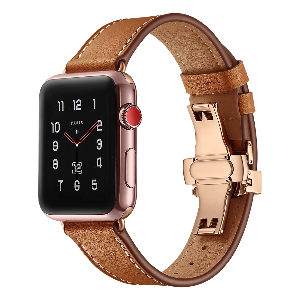

Leather strap for Apple watch 4 44mm 40mm Stainless steel Butterfly buckle Wrist Watchband Iwatch Series 4 3 2 1 42mm 38mm