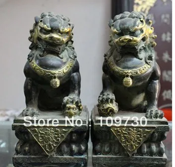 

00899 Chinese Bronze Gilt Guardian Foo Fu Dog Phylactery Door Lion Kid Pair Statue