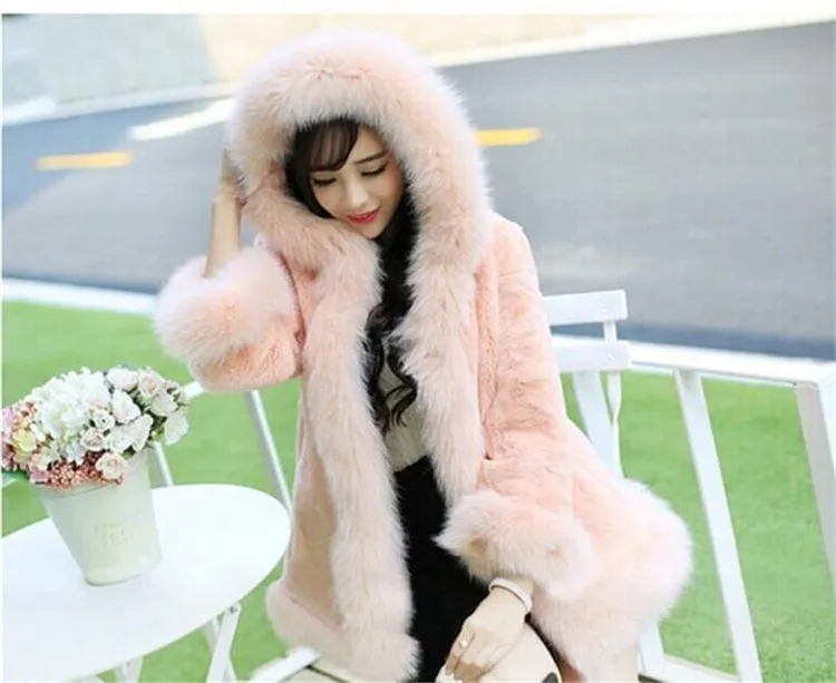 Осенне-зимнее меховое пальто с капюшоном из искусственного кроличьего меха, женская теплая парка, розовая Меховая куртка, женские меховые пальто