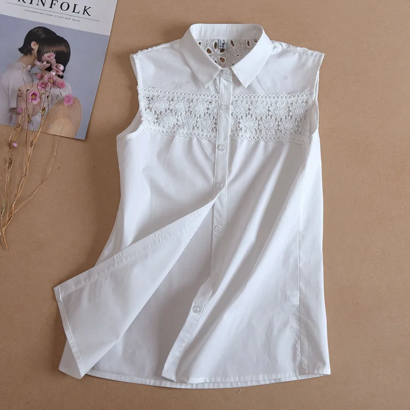

Spring and Summer New Sweet Hollow Splice Decorative Shirts Sleeveless Hollow Out Patchwork Office Lady Womens Tops and Blouses