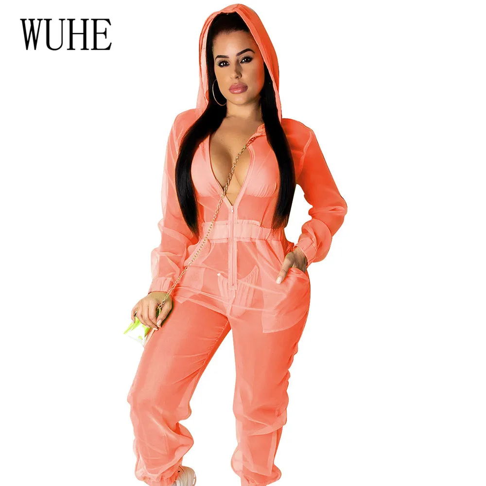 WUHE High Quality Sexy Hooded Loose Organza Jumpsuits Elegant Long Sleeve See Through Autumn Playsuits Women Elegant Overalls WUHE High Quality Sexy Hooded Loose Organza Jumpsuits Elegant Long Sleeve See Through Autumn Playsuits Women Elegant Overalls