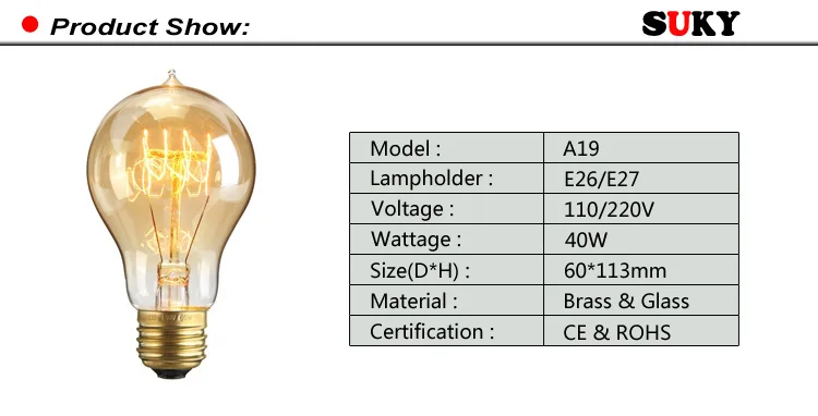 Эдисон лампы Ретро A19 в винтажном стиле ncandescent лампы 110 В 220 Праздничные огни 40 Вт для домашнего декора