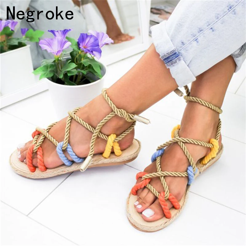 

Women Sandals Espadrilles Summer Shoes Woman Flat Sandals Hemp Rope Lace Up Gladiator Beach Chaussures Femme Sandalias Mujer