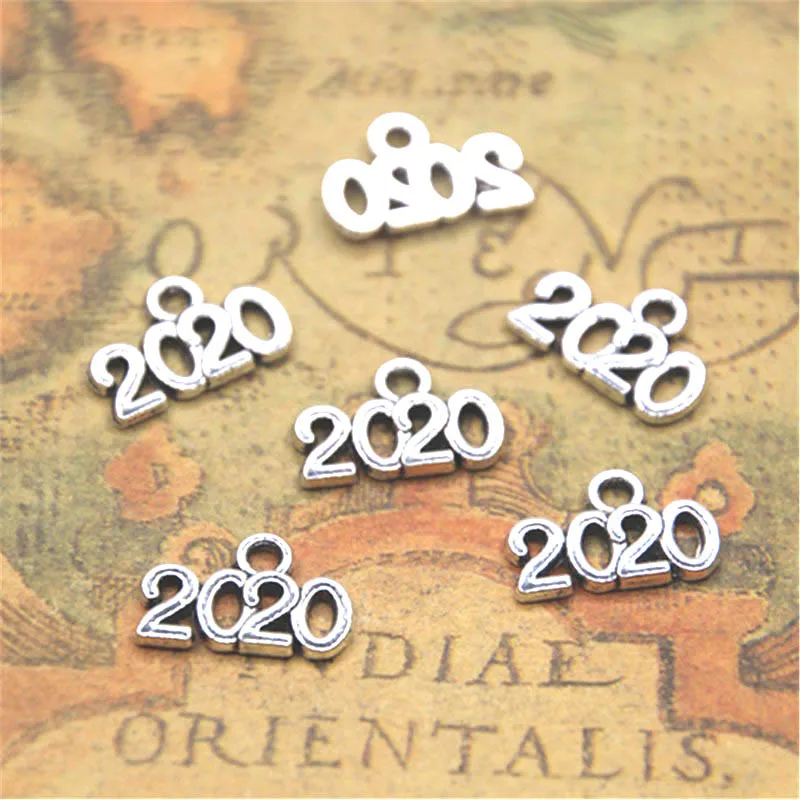 

50pcs Year 2020 Silver tone Charms Pendants DIY Supplies Jewelry Making 9x14mm