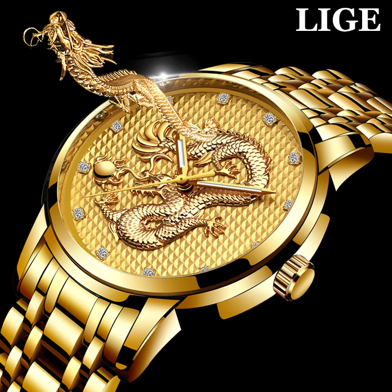 

Men Watches Top Brand LIGE Luxury Gold Dragon Sculpture Quartz Watch Men Full Steel Waterproof Wristwatch relogio masculino
