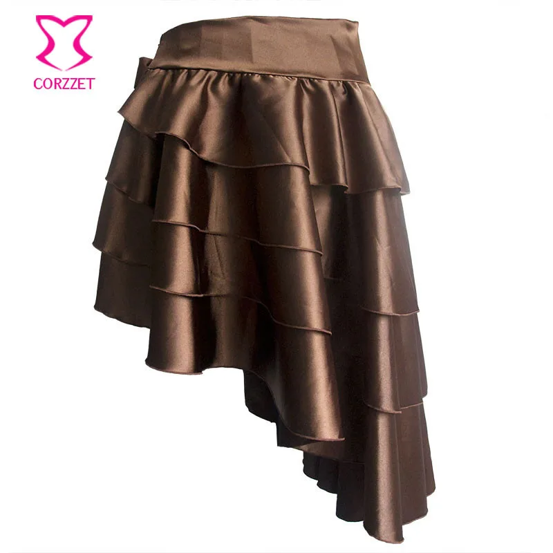 Викторианская Асимметричная атласная многослойная юбка в стиле стимпанк с рюшами, женские юбки бурлеск, подходящие готические корсеты и бюстье