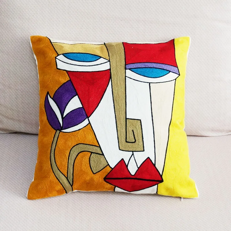 

100% Canvas Abstract Painting Cushion Cover Embroidered Square Pillow Cover Car Chair Sofa Pillow Case 45x45cm Without Stuffing