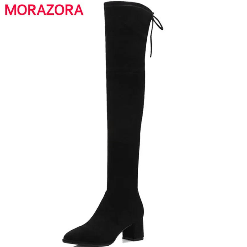 

MORAZORA big size square heel pointed women boots fashion slip on over the knee boots autumn winter cross tied high heel boots