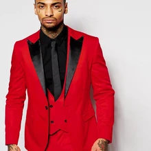 Красивый красный мужской свадебный костюм для выпускного вечера черный нагрудный тонкий смокинг одна кнопка шафер Жених костюм из 3 предметов куртка+ брюки+ жилет