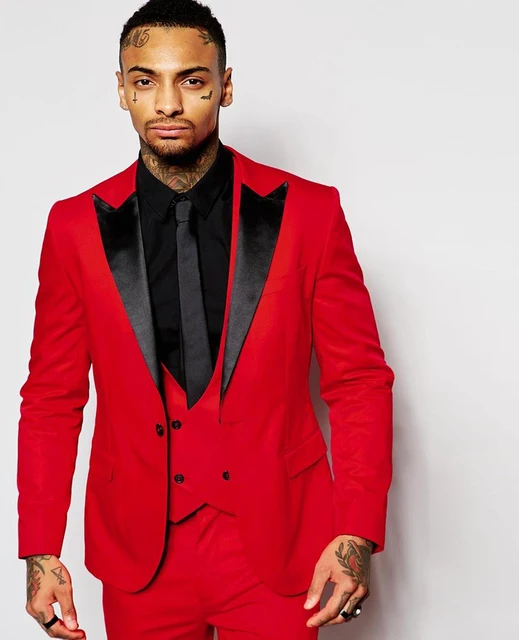 Handsome Red Men Wedding Prom Suits Black Lapel Slim Fit Tuxedos One ...