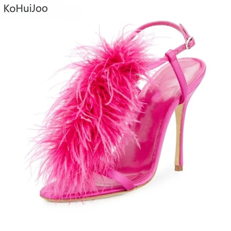 

KoHuiJoo Hot Sale Silk Women Platform Sandals Super High Heels Black Rose-red Party Dress Shoes Buckle Strap Slip on Ladies Shoe