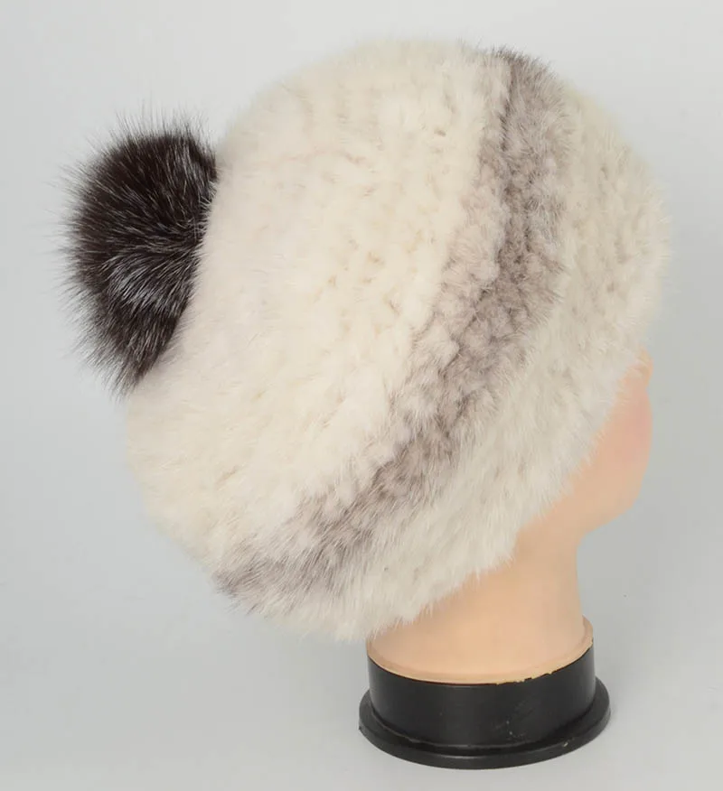 Меховая шапка, модный вязаный берет из настоящей норки, шапка с лисьим мехом, помпон, береты, теплая зимняя Черная Женская норковая шапка - Цвет: White