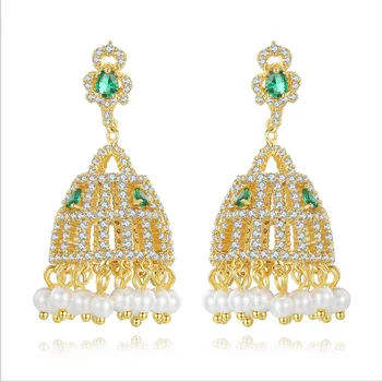 

Women's stud earrings luxury gold bell super shinning white pearls AAA crystals party classic fashion earrings for ladies