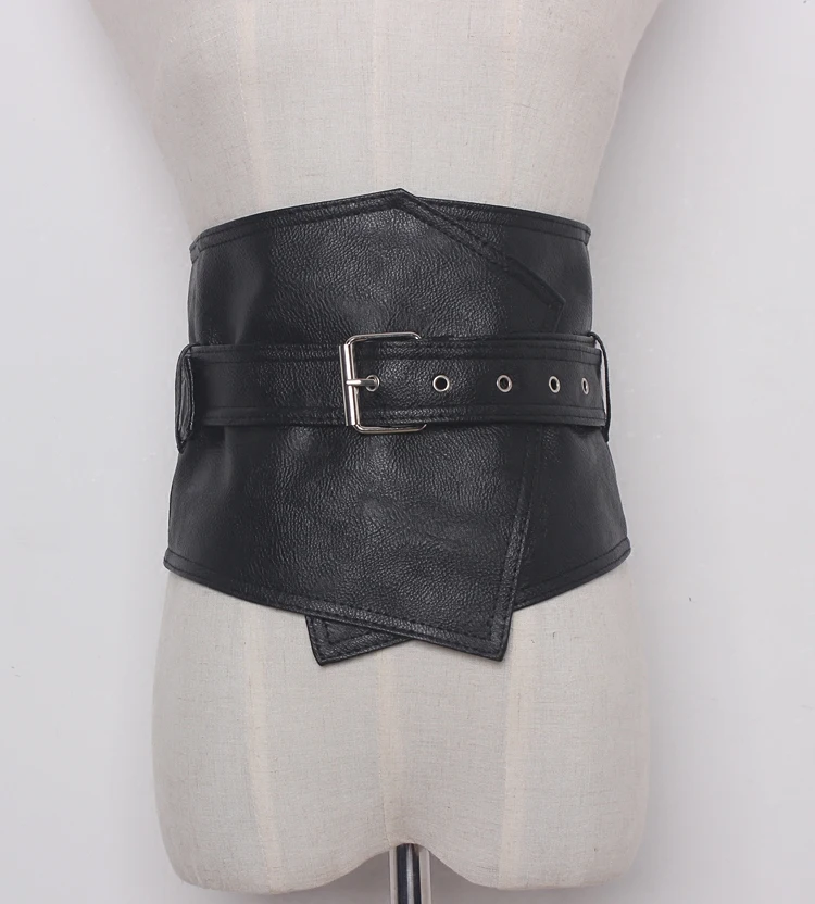 European Vintage Black Irregular Wide Waist Belt Dress Women Ladies Faux leather Waistband