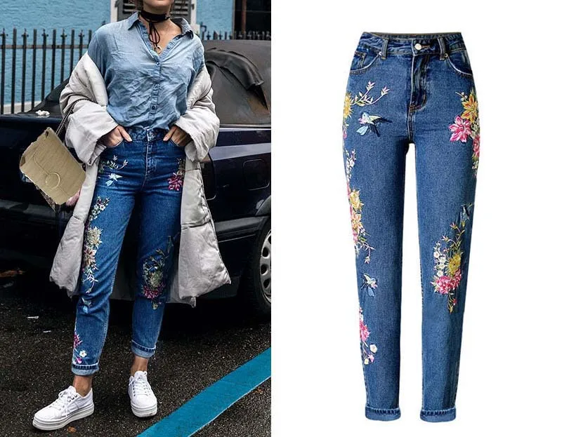 Women's three-dimensional 3D heavy process bird flower front and rear embroidery high waist Slim straight jeans large size system (2)