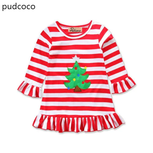 

Red Striped Christmas Kids Baby Girls Dress Xmas Tree Print Long Sleeve Dresses Ruffles Clothes Outfits 1-6Y