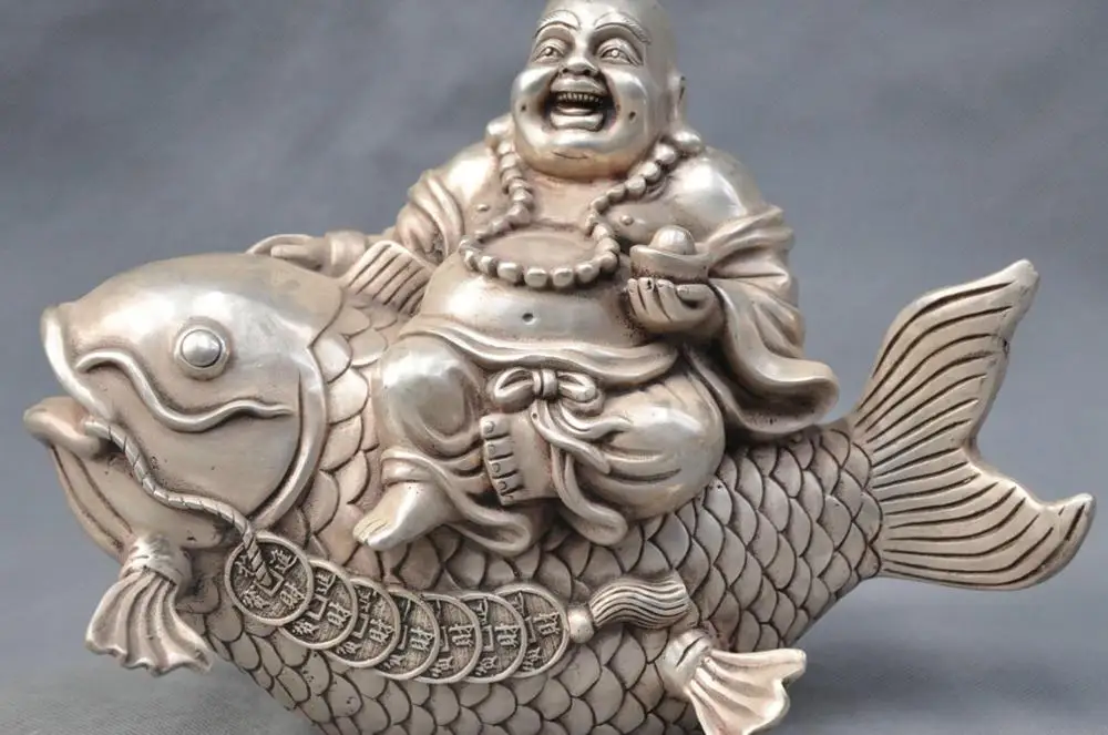

11" China Silver Bronze Happy Maitreya Buddha Monk Ride Fish Statue
