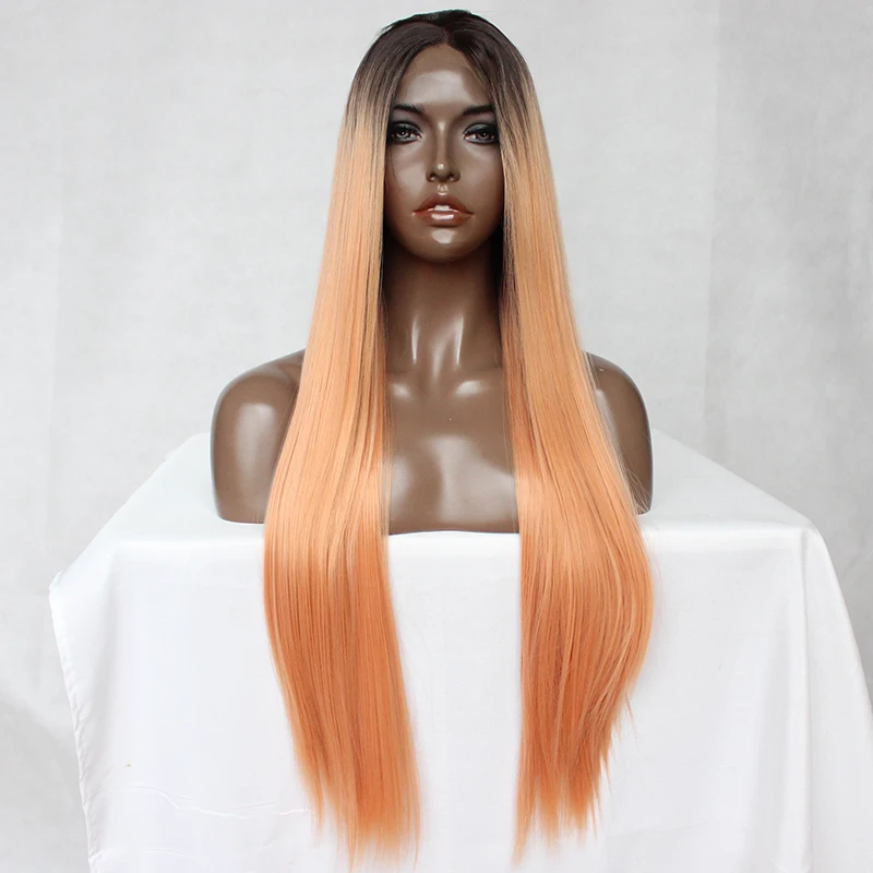 Maycaur Long Straight Synthetic Hair Wigs Ombre Orange Synthetic Lace