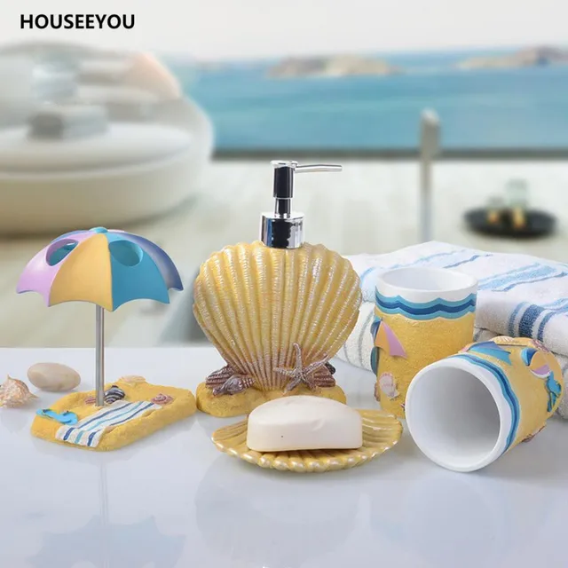 5pcs Set Bathroom Accessories Children Sea Beach Shell Style 5pcs Set Bathroom Accessories Children Sea Beach Shell Style Products Sets Cartoon Resin