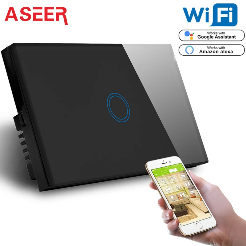 

ASEER,AU/US 1Gang WiFi Touch Wall Light Switch Panel 1000W,110-240V Wireless Wall Switch,Compatible With Alexa &Google Assistant