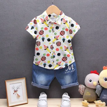 

2019 Summer Baby Boys Lapel Collar Short Sleeve Shirts Tops + Denim Jeans Pants Casual Children Kids Clothing Sets 2Pcs Suits