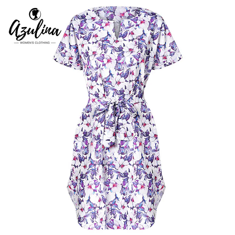 

AZULINA V Neck Floral Print Belted Slit Women Dress Fall Summer Dress Female Clothing Fashion Short Sleeve Waist Strap Vestidos