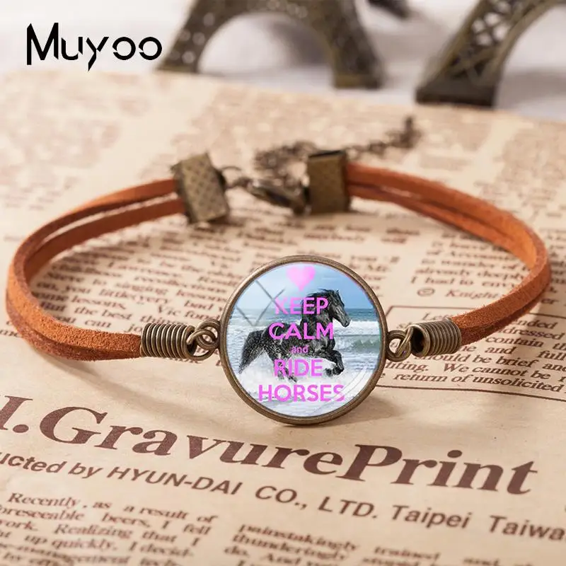 

2018 New Keep Calm And Ride Horses Bracelets Art Round Leather Bracelet Glass Cabochon Jewelry Mother's Day Gift