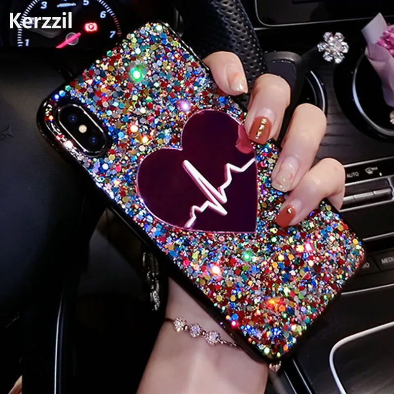 Сверкающий блестящий чехол Kerzzil для телефона iphone X iPhone 7 8 Plus 6 6S с сердцем