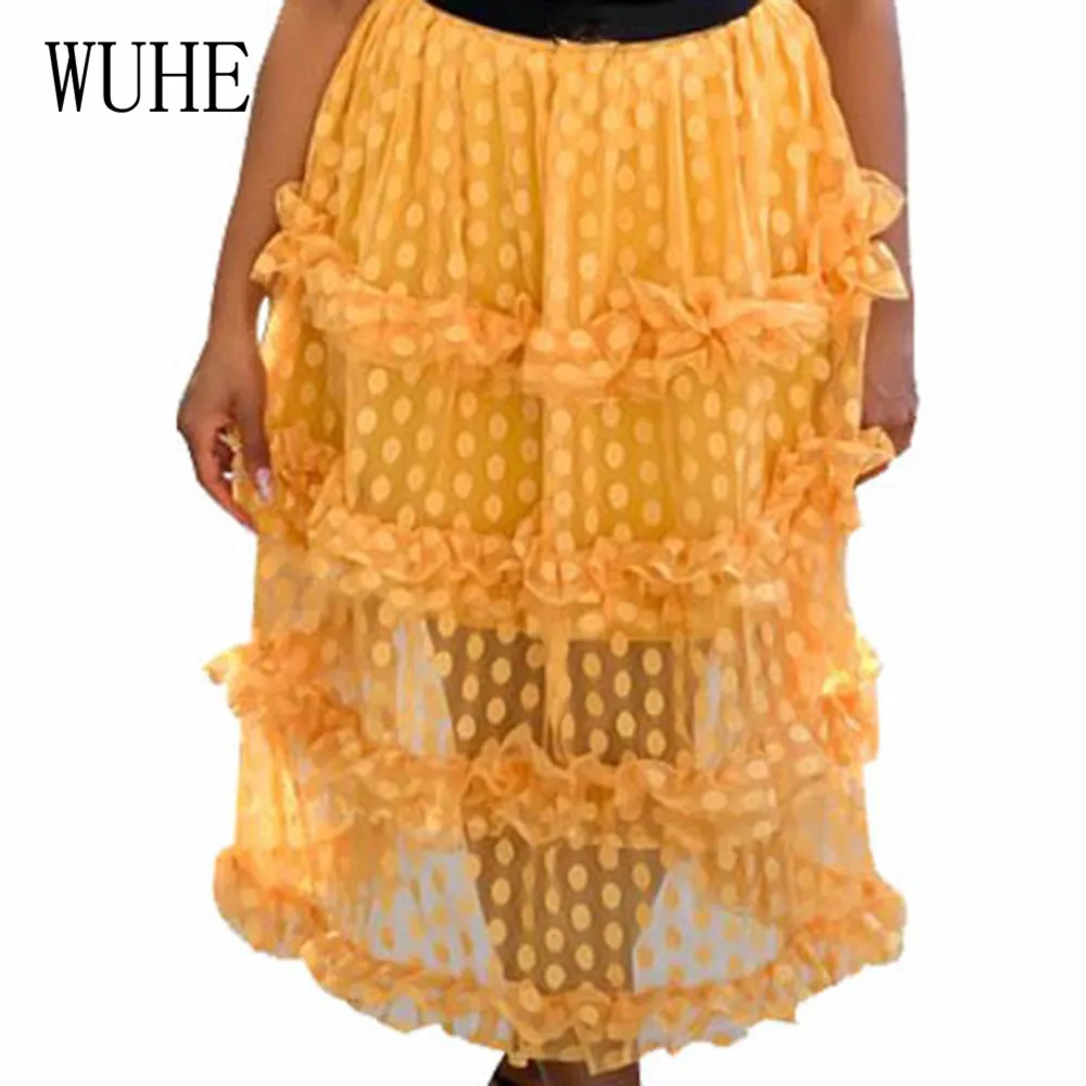 

WUHE Vintage High Waist Wave Mesh Yellow Black Skirt Sexy See Though Women Fashion Ball Gown Party Petticoat Skirt Faldas Jupe