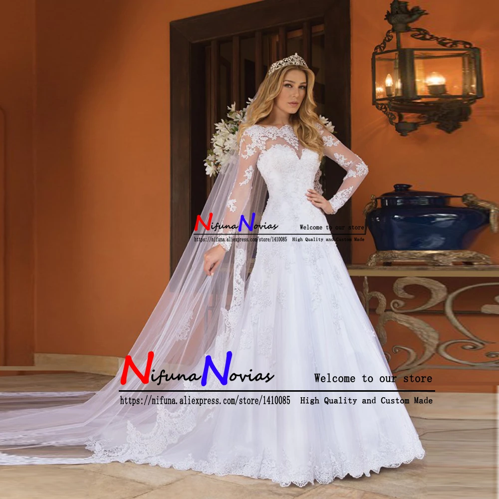 

Sexy Back Bride Dress Lace Luxury Sheer Tulle Long Sleeve Wedding Dress 2019 Beaded Mariage robe Bridal Gowns vestido de noiva