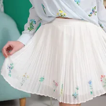 LYNETTE’S CHINOISERIE 2016 Summer New Original Design Women High Quality Plants Print Organ Pleated White Chiffon Mini Skirt