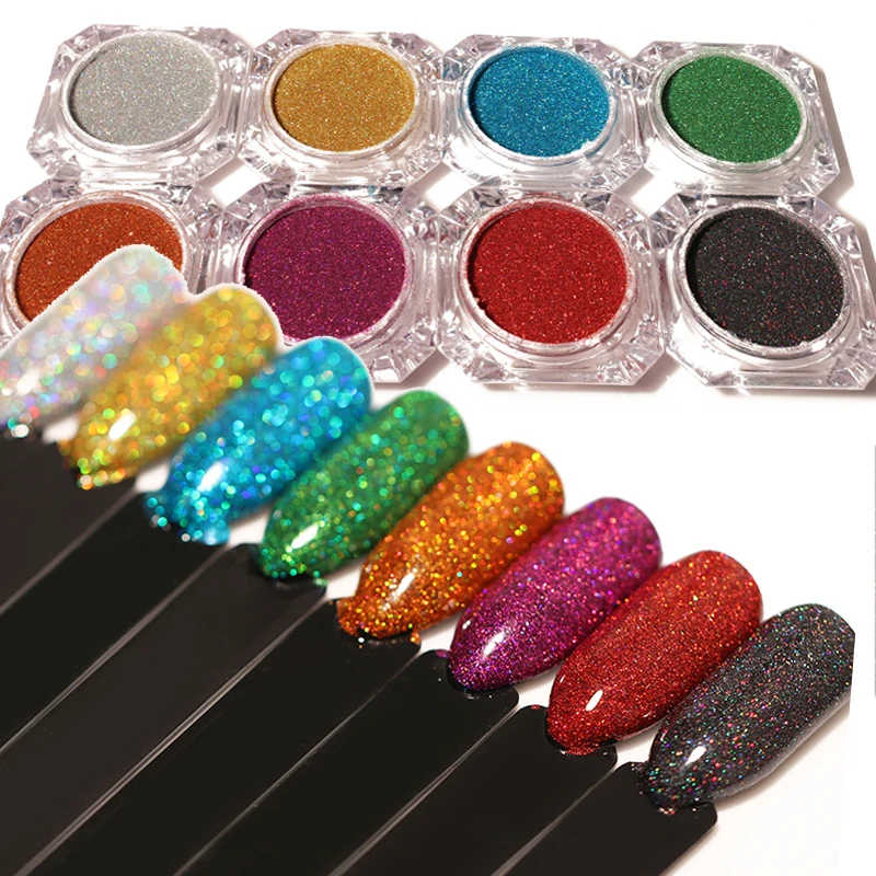 Голографическая Лазерная пудра для ногтей блестящее напыление 8 цветов маникюрный декоративный пигмент для ногтей 8 коробок
