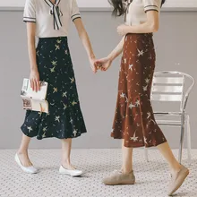 Длинные шифоновые летние Япония Стиль Винтаж с цветочным принтом с оборкой, с высокой посадкой юбка в виде хвоста русалки, женские юбки