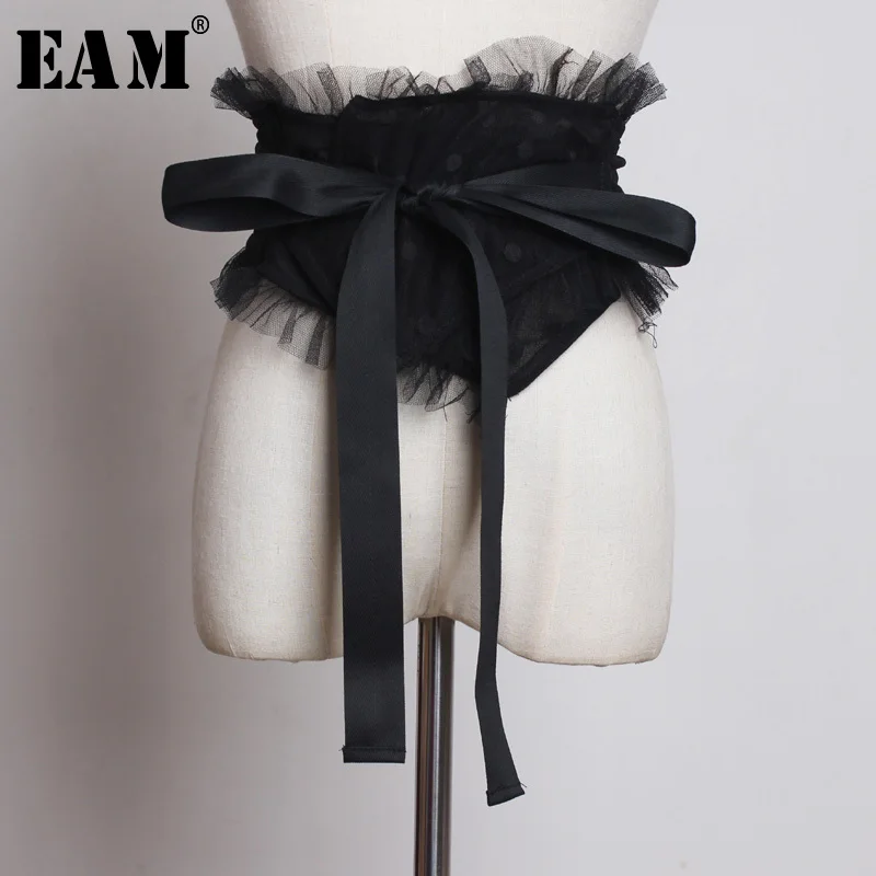 

[EAM] 2019 New Spring Summer Black Ruffles Split Joint Mesh Personality Bow Wide Belt Women Fashion Tide All-match JS760