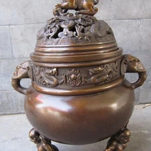 19 ''красный бронзовый резные дракон фу foo собака лев каждения кадило статуя