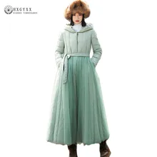 Зимнее винтажное лоскутное длинное пуховое пальто из сетчатой ткани однотонная теплая пуховая куртка с капюшоном парка с поясом размера плюс Okb433