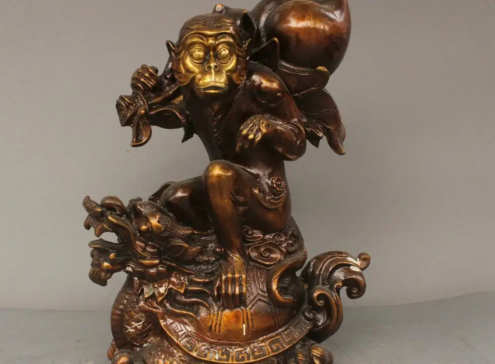

13" China Feng Shui Peach Monkey Of The Dragon Turtle Bronze Statue