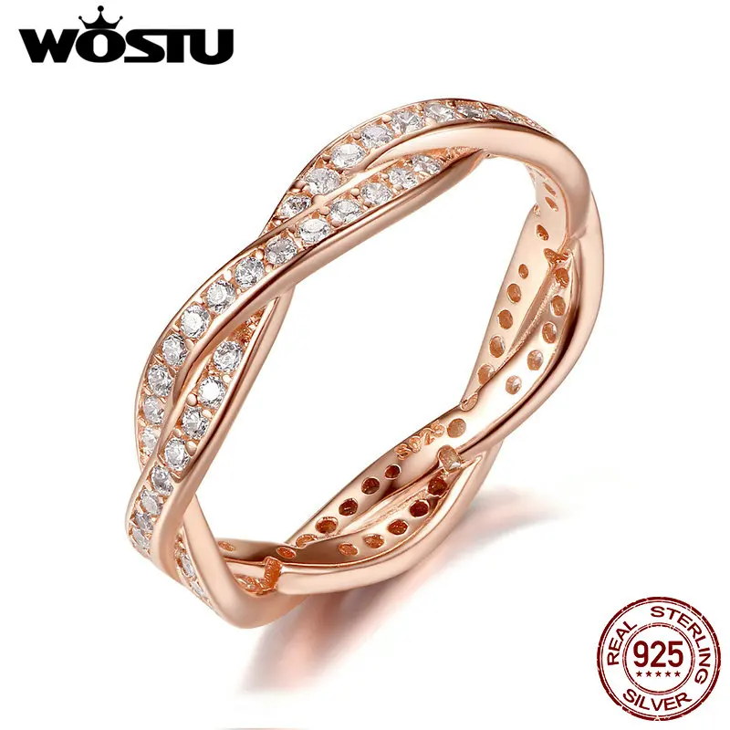 

100% Real 925 Sterling Silver & Gold Color Twist Of Fate Rings With Clear CZ For Women Original Pan Ring Jewelry FB7187