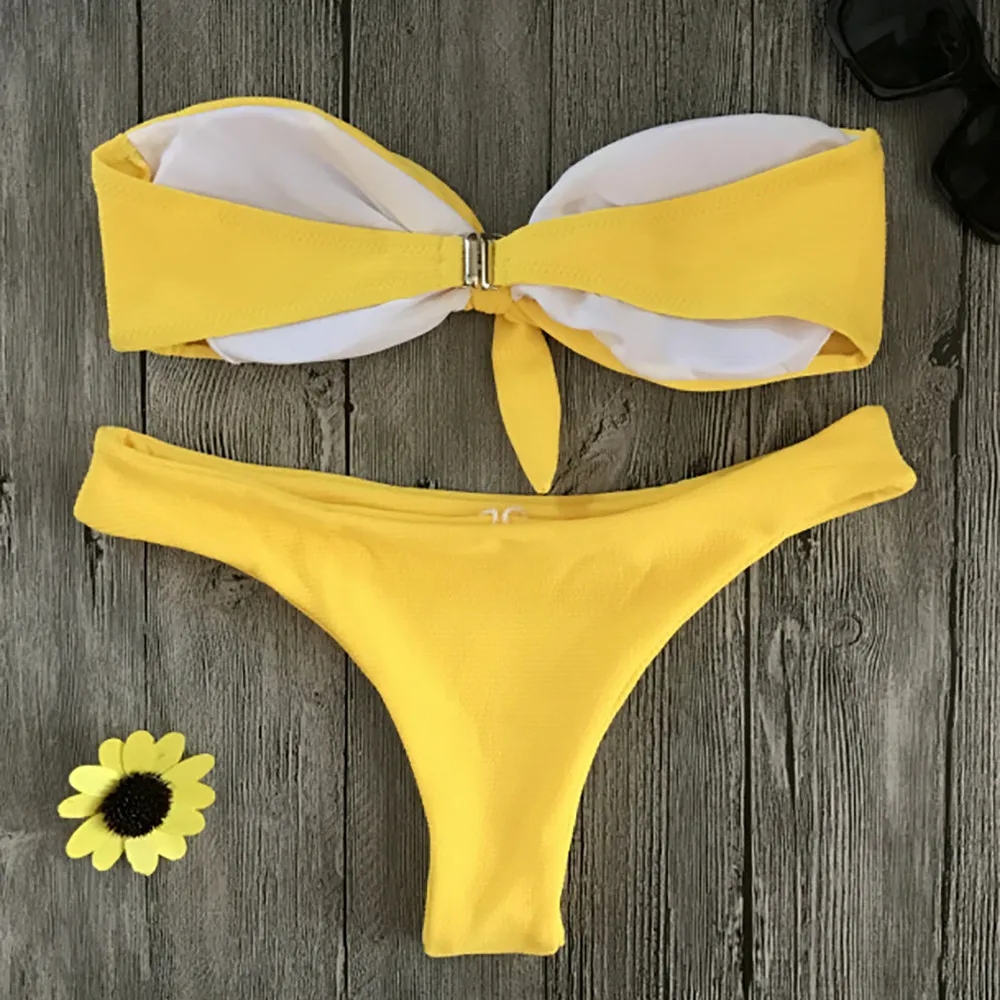 Женский желтый Одноцветный купальник, женский сексуальный бразильский комплект бикини, купальник бандо с пуш-ап, купальный костюм, пляжная одежда