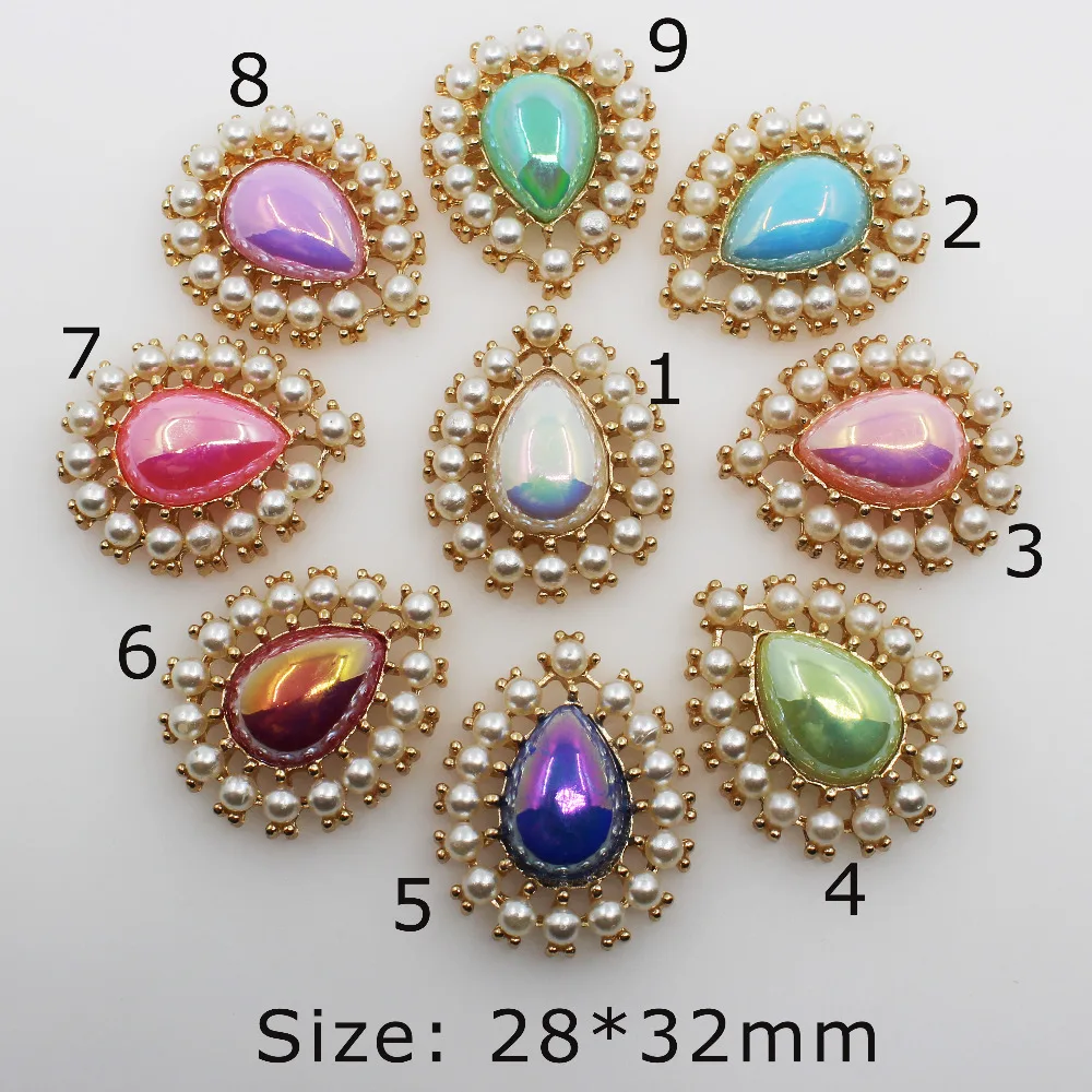 

Fashion 10pc 28*32MM Water Drop AB Color pearl button DIY Wedding invitations Wine glasses decorate gold Tone Pendants brooch