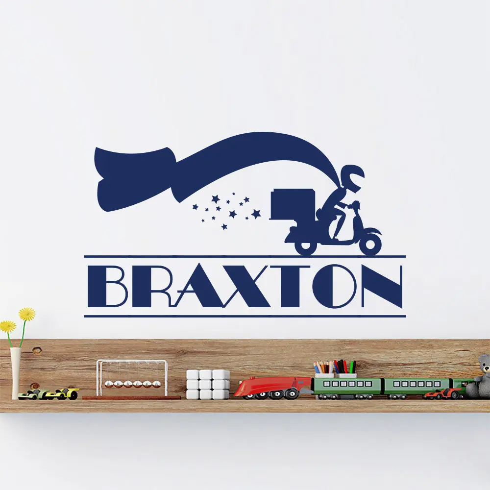 Custom Name Wall Decals Cool Motorcycle Superhero Decal Boy Nursery