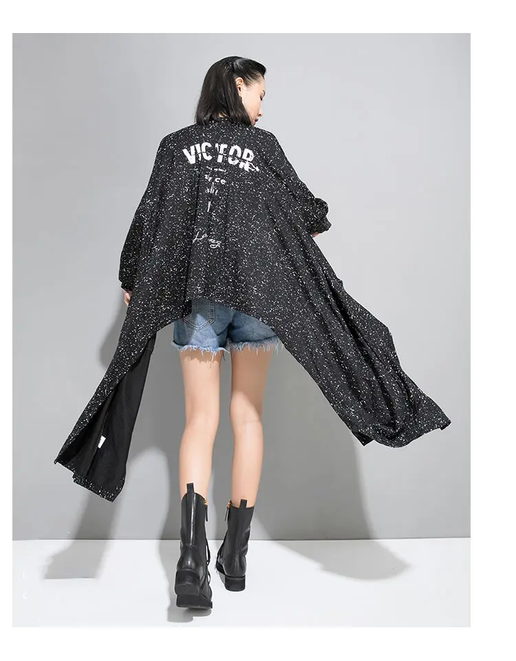 XITAO Irregular Long Pleated Trench Women Korea Fashion Print Letter Cardigans Wild Joker Street Style Coat New GCC1029