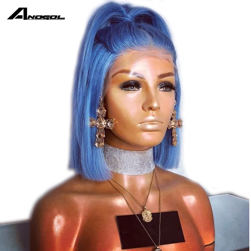 

Anogol Short Straight Blue Bob Synthetic Lace Front Wig For Afro American Black Women Aqua Middle Part High Temperature Fiber