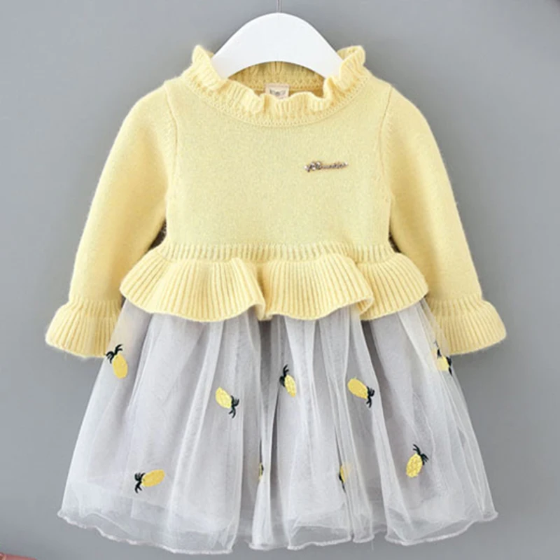 

Baby Girl Dress Pineapple Embroidered Tulle Dress Sweater Dress Winter Baby Clothes B014 Long Sleeve Frocks Vestidos Infantil