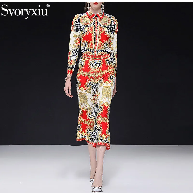 

Svoryxiu Fashion Designer Leopard Gold Flower Print Pants Suits Women's Spring Summer Elegant Office Lady Two Piece Set Female
